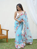 Sky Blue Organza Saree With Blouse Piece