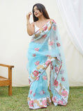 Sky Blue Organza Saree With Blouse Piece