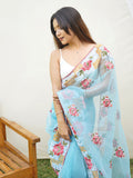 Sky Blue Organza Saree With Blouse Piece