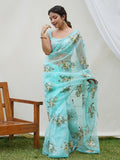 Sky Blue Organza Silk Saree With Blouse Piece