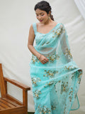 Sky Blue Organza Silk Saree With Blouse Piece