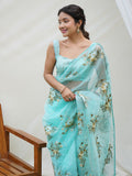 Sky Blue Organza Silk Saree With Blouse Piece