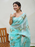 Sky Blue Organza Silk Saree With Blouse Piece