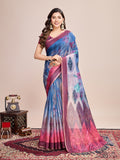 Blue Linen Blend Saree With Blouse Piece