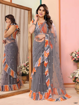 Grey Net Saree With Blouse Piece