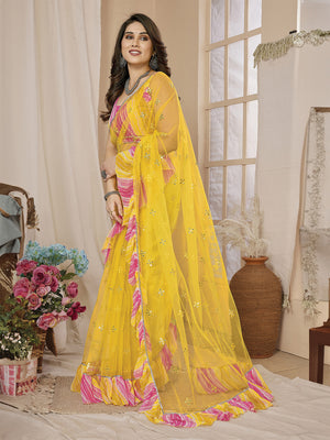 Yellow Net Saree With Blouse Piece