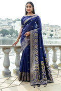 Navy Blue Silk Blend Saree With Blouse Piece