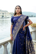 Navy Blue Silk Blend Saree With Blouse Piece