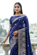 Navy Blue Silk Blend Saree With Blouse Piece