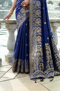 Navy Blue Silk Blend Saree With Blouse Piece