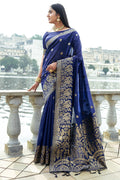 Navy Blue Silk Blend Saree With Blouse Piece