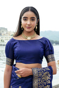 Navy Blue Silk Blend Saree With Blouse Piece