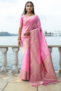 Pink Silk Blend Saree With Blouse Piece