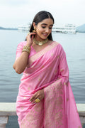 Pink Silk Blend Saree With Blouse Piece