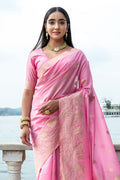 Pink Silk Blend Saree With Blouse Piece