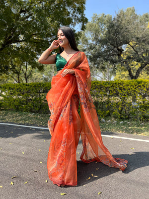 Orange Organza Saree With Blouse Piece