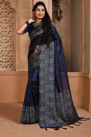 Navy Blue Raw Silk Saree With Blouse Piece