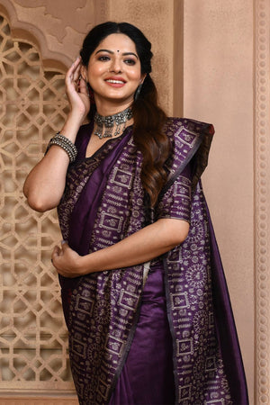 Purple Raw Silk Saree With Blouse Piece