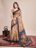 Cream Linen Blend Saree With Blouse Piece