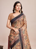 Cream Linen Blend Saree With Blouse Piece