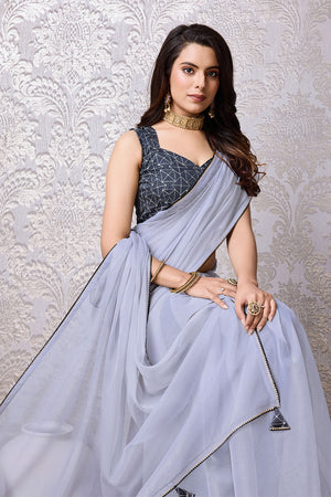 Grey Chiffon Saree With Blouse Piece