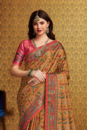 Mustard Silk Floral Printed Saree