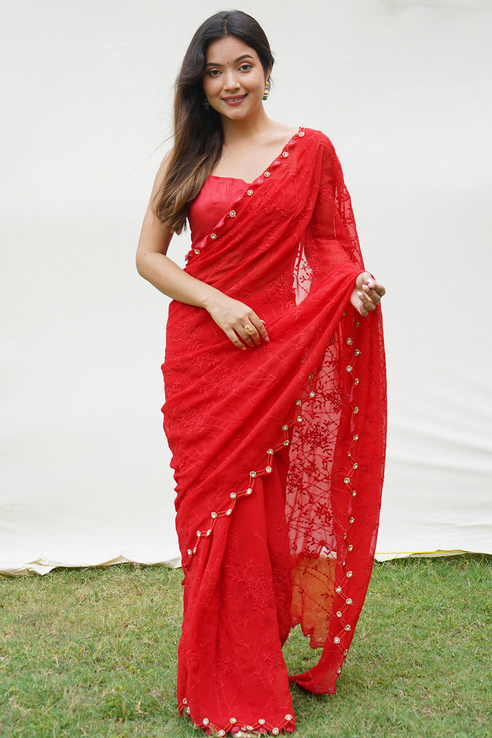 SHINE IN RED SAREE WITH MAKHMAL-E-SURKH FULL SLEEVE BLOUSE – Store No.6