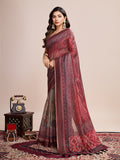 Red Linen Blend Saree With Blouse Piece