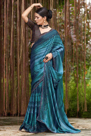 Elegant Ombre Platinum Chiffon Saree in Resham Handwork - Rana's by Kshitija