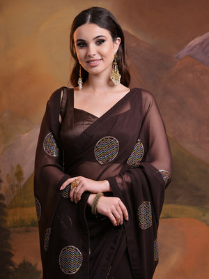 Brown Pure Georgette Festive Saree With Blouse Piece