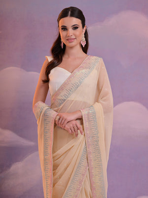 Beige Pure Georgette Party Wear Saree With Blouse Piece