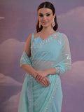 Sky Blue Pure Georgette Party Wear Saree With Blouse Piece