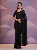 Black Pure Georgette Festive Saree With Blouse Piece