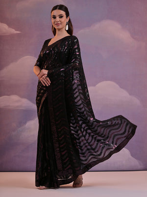 Black Pure Georgette Festive Saree With Blouse Piece