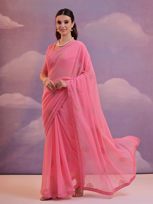 Pink Pure Georgette Festive Saree With Blouse Piece