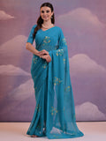 Blue Pure Georgette Festive Saree With Blouse Piece