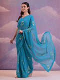 Blue Pure Georgette Festive Saree With Blouse Piece