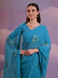 Blue Pure Georgette Festive Saree With Blouse Piece