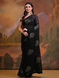 Black Pure Georgette Party Wear Saree With Blouse Piece