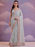 Sky Blue Pure Georgette Festive Saree With Blouse Piece