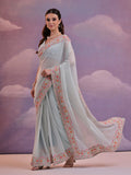 Sky Blue Pure Georgette Festive Saree With Blouse Piece