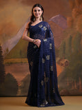 Navy Blue Pure Georgette Festive Saree With Blouse Piece