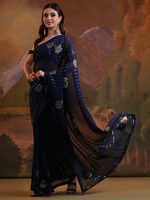 Navy Blue Pure Georgette Festive Saree With Blouse Piece