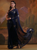 Navy Blue Pure Georgette Festive Saree With Blouse Piece