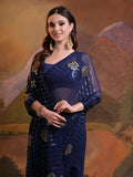 Navy Blue Pure Georgette Festive Saree With Blouse Piece