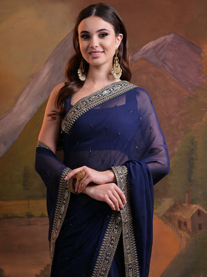 Navy Blue Pure Georgette Party Wear Saree With Blouse Piece