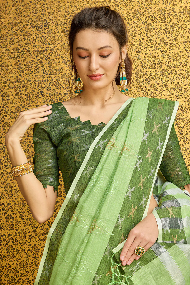 Buy Green Linen Ethnic Motifs Zari Saree online-Karagiri