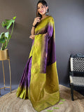 Parrot Green With Purple Soft Silk Saree With Blouse Piece