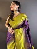 Parrot Green With Purple Soft Silk Saree With Blouse Piece