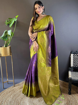 Parrot Green With Purple Soft Silk Saree With Blouse Piece